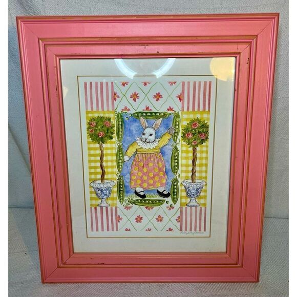 Bunny Print W Pink Frame 18” X 16” Signed By Artist Kelly B Rightsell - Picture 1 of 14
